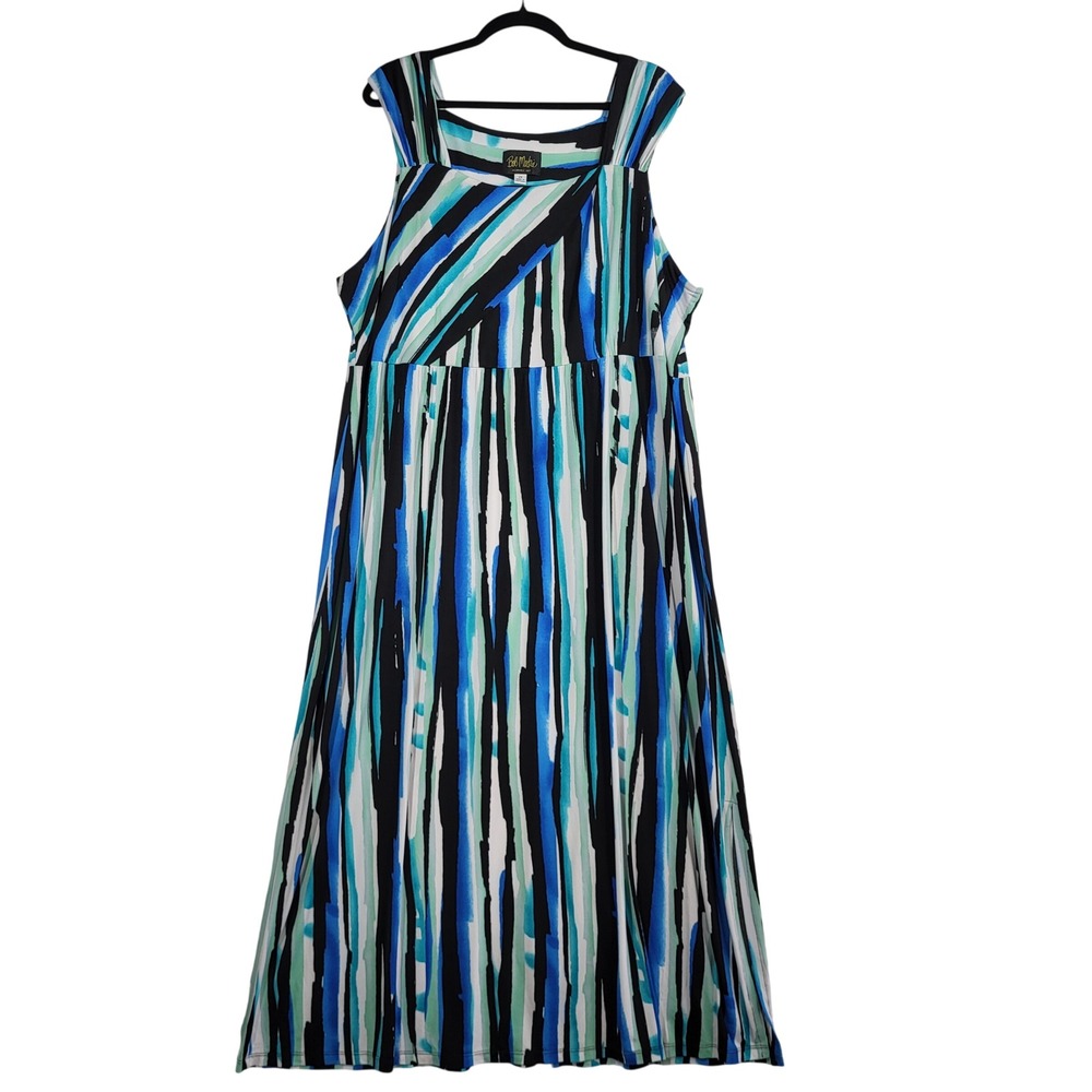 Bob‎ Mackie Striped Sleeveless Maxi Dress 2X Blue Beach Vacation Resort Abstract